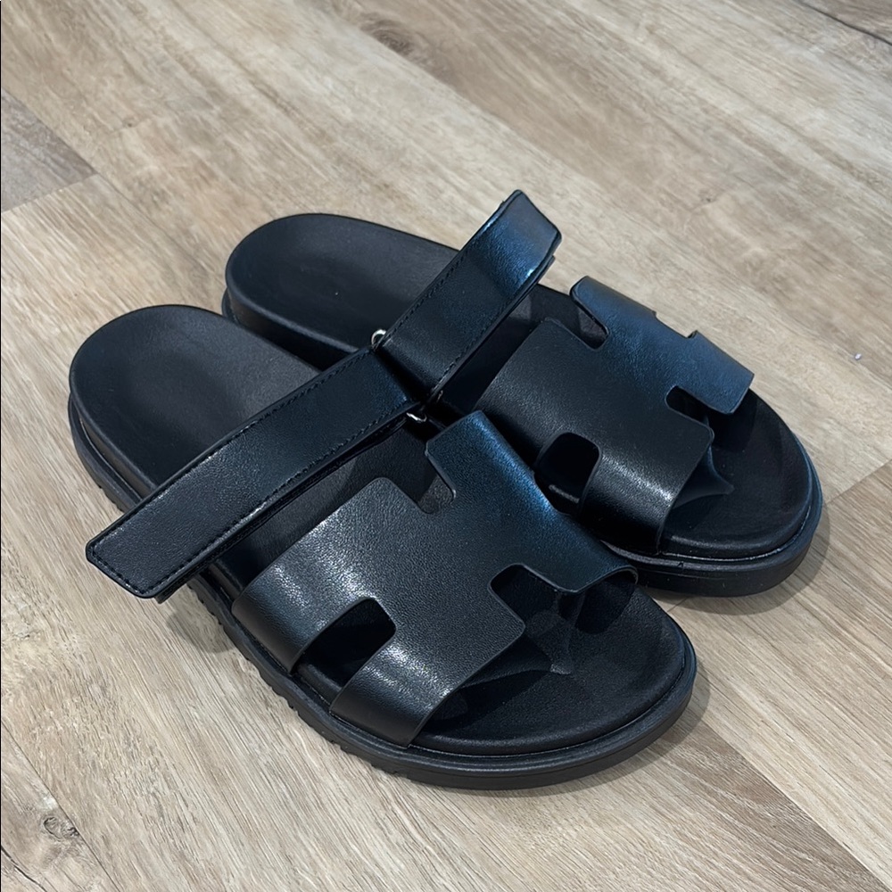 Black Women's Slide Sandals with Adjustable Strap